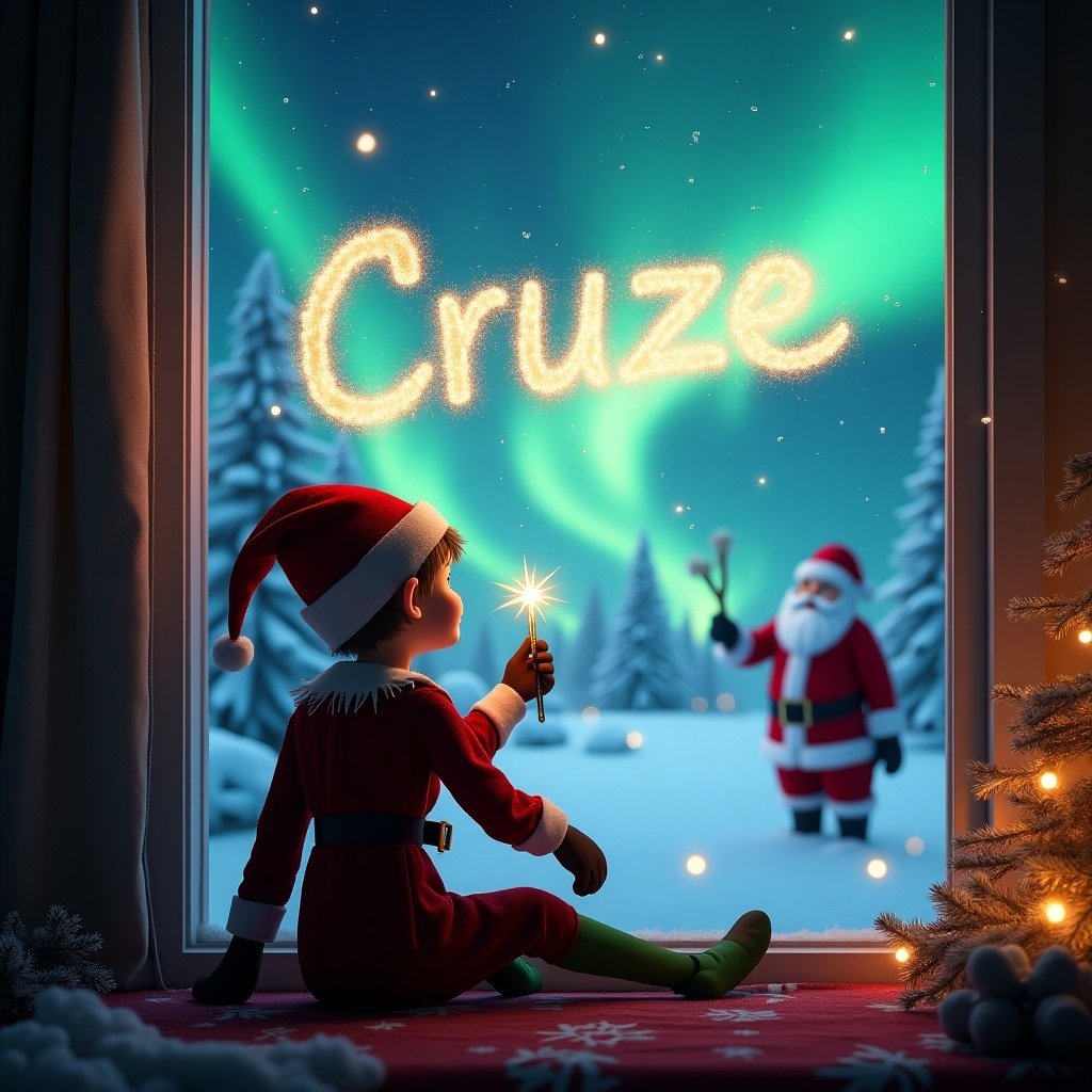 An elf sits by a window. The elf has his back to the viewer. The elf writes the name Cruze with a wand. The backdrop features a magical winter landscape. Northern lights are visible in the sky. In the distance, Santa Claus can be seen. The scene evokes a sense of wonder and joy during the holiday season.