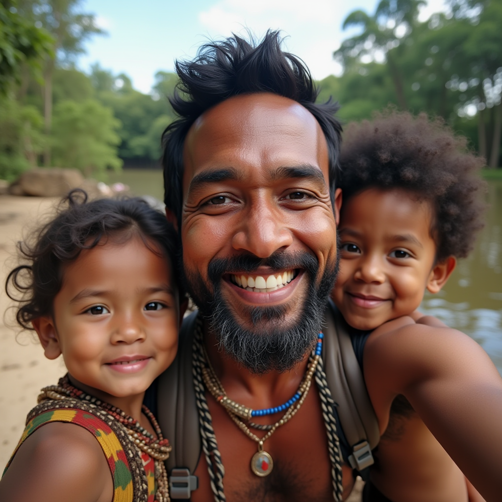 A joyful family smiles together by a jungle riverbank.