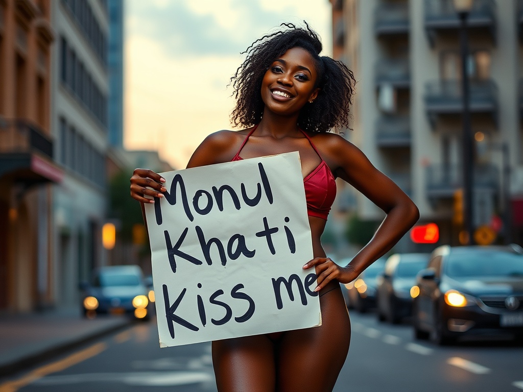 A woman in swimwear holding a playful sign on a city street.