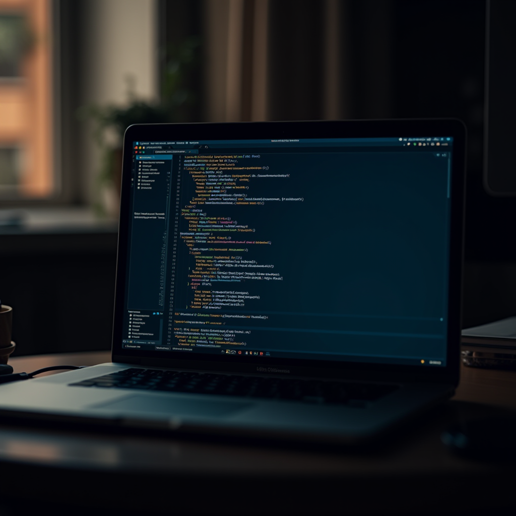 A laptop displaying a coding environment with lines of code in a dimly lit room.