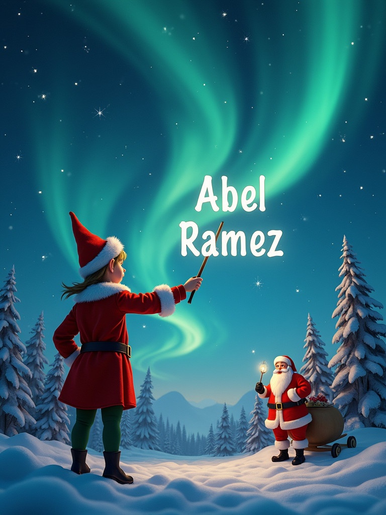 Elf stands with back to the viewer facing a magical sky. The elf looks up and uses a wand to create names in the air. The background shows northern lights and a Santa Claus figure nearby. The names being written are Abel and Ramez.