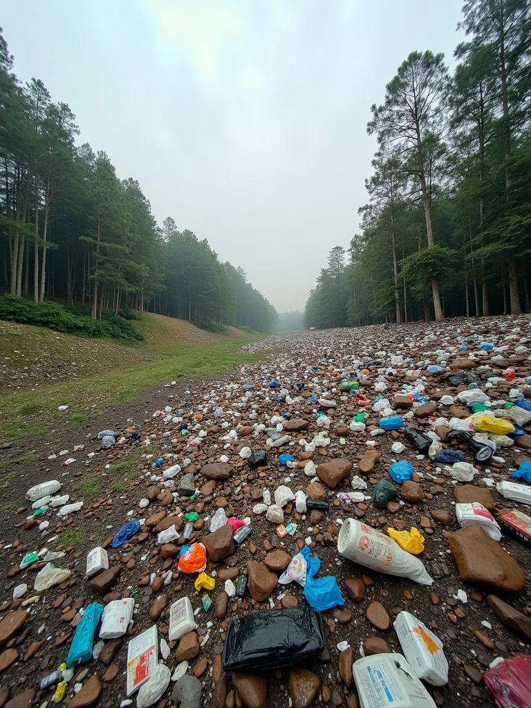 A forest with a large area covered in scattered garbage and rocks.