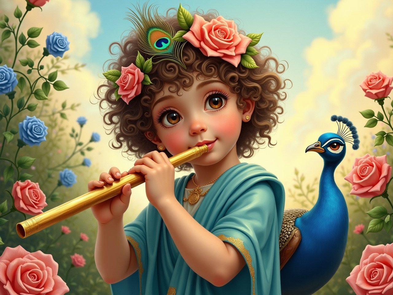 This image depicts a young child playing a golden flute, surrounded by a vibrant and colorful garden. The child has curly hair adorned with a peacock feather and a floral crown, making it look enchanting. The child wears a blue garment that drapes beautifully around them. A peacock is perched nearby, adding to the natural beauty of the scene. Lovely roses blossom around, creating a picturesque backdrop, while the sky has soft pastel colors that enhance the overall serenity of the illustration.