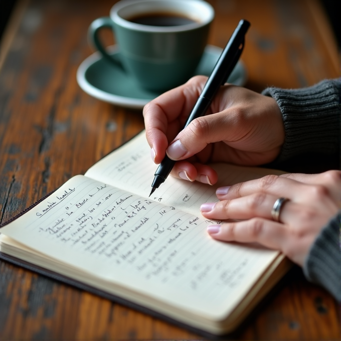 A person jotting down notes in a journal beside a steaming cup of coffee on a wooden table.