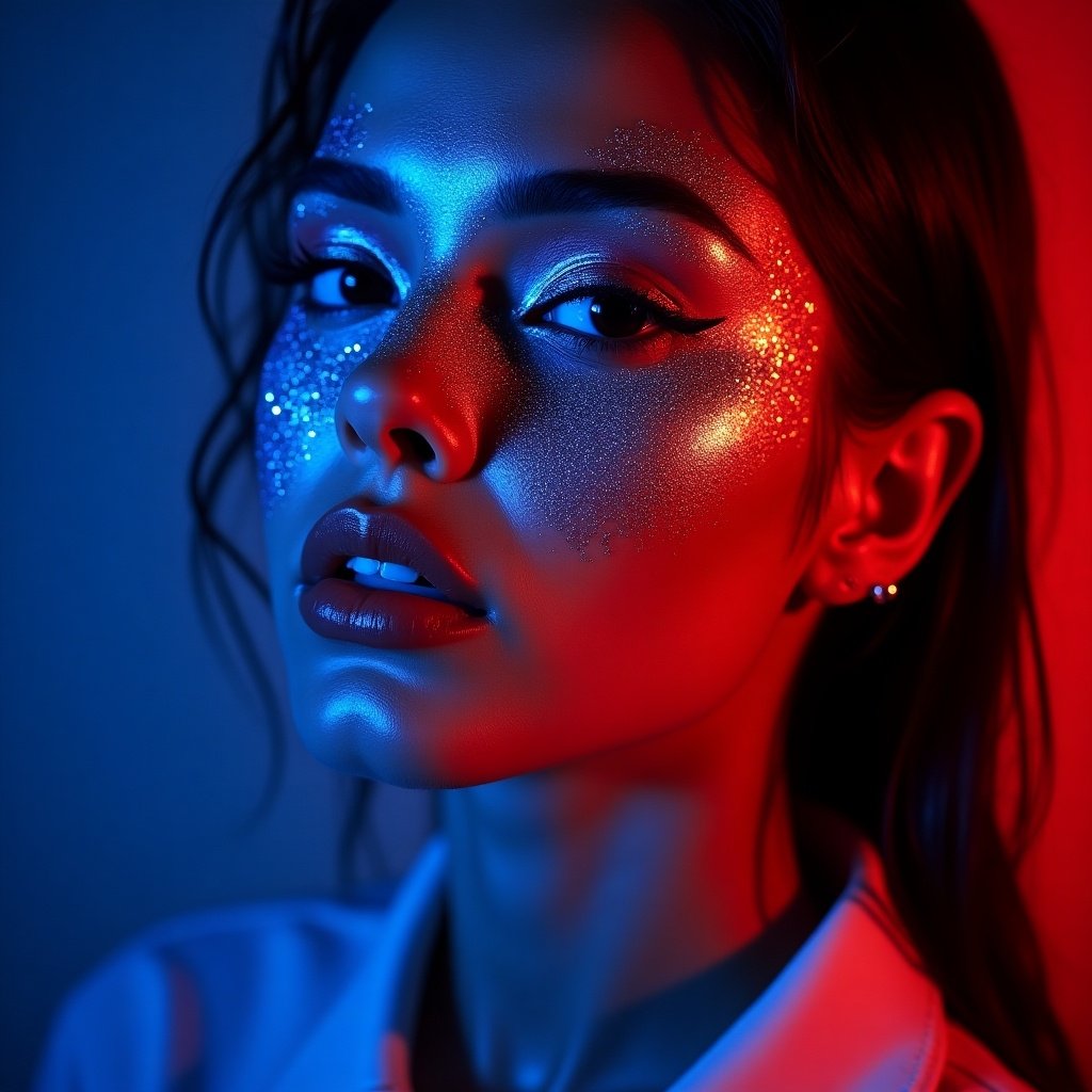 A woman showcases striking glitter makeup. Makeup shines under vibrant blue and red lights. Her captivating expression embodies confidence and allure. The glimmering glitter enhances features beautifully. The color contrast creates an energetic atmosphere. The image represents contemporary beauty trends and modern makeup artistry.