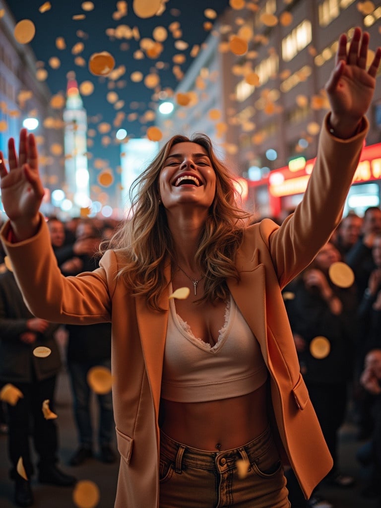 A woman enjoys a festive celebration. Golden confetti falls around her. The setting is a vibrant city at night. The atmosphere is joyful and lively. Bright city lights create a magical backdrop. She raises her arms in excitement.