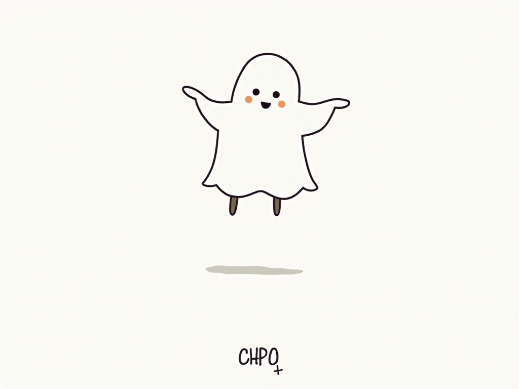 The image shows a stylized ghost-like figure with a simple, geometric design. The figure has a smiling face and is wearing a flowing white sheet. The arms of the figure are extended as it hovers. The background is plain, enhancing the ghostly appearance. The overall feel is playful and cartoonish, suitable for a lighthearted Halloween theme.