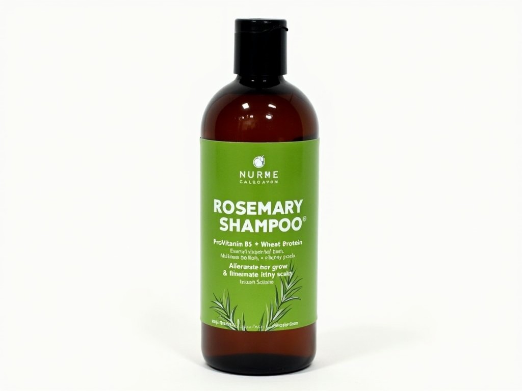 This image features a bottle of rosemary shampoo from a brand called Nurme. The bottle is dark amber glass with a black cap. The label is predominantly green and includes the title 'ROSEMARY SHAMPOO' in white text. Below the title, it mentions that the shampoo contains ProVitamin B5 and wheat protein. The label also claims that the product encourages hair growth, alleviates dry hair, and eliminates itchy scalp, accompanied by illustrations of rosemary leaves.