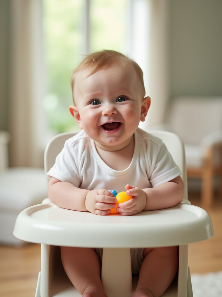 This image captures a baby sitting in a high chair, exuding pure joy as it holds colorful toys. The setting is likely a cozy living space with soft natural light filtering through a window, casting a gentle glow across the scene. The baby's expression is full of happiness, and the surrounding environment is soft and inviting, creating an atmosphere of warmth and comfort.