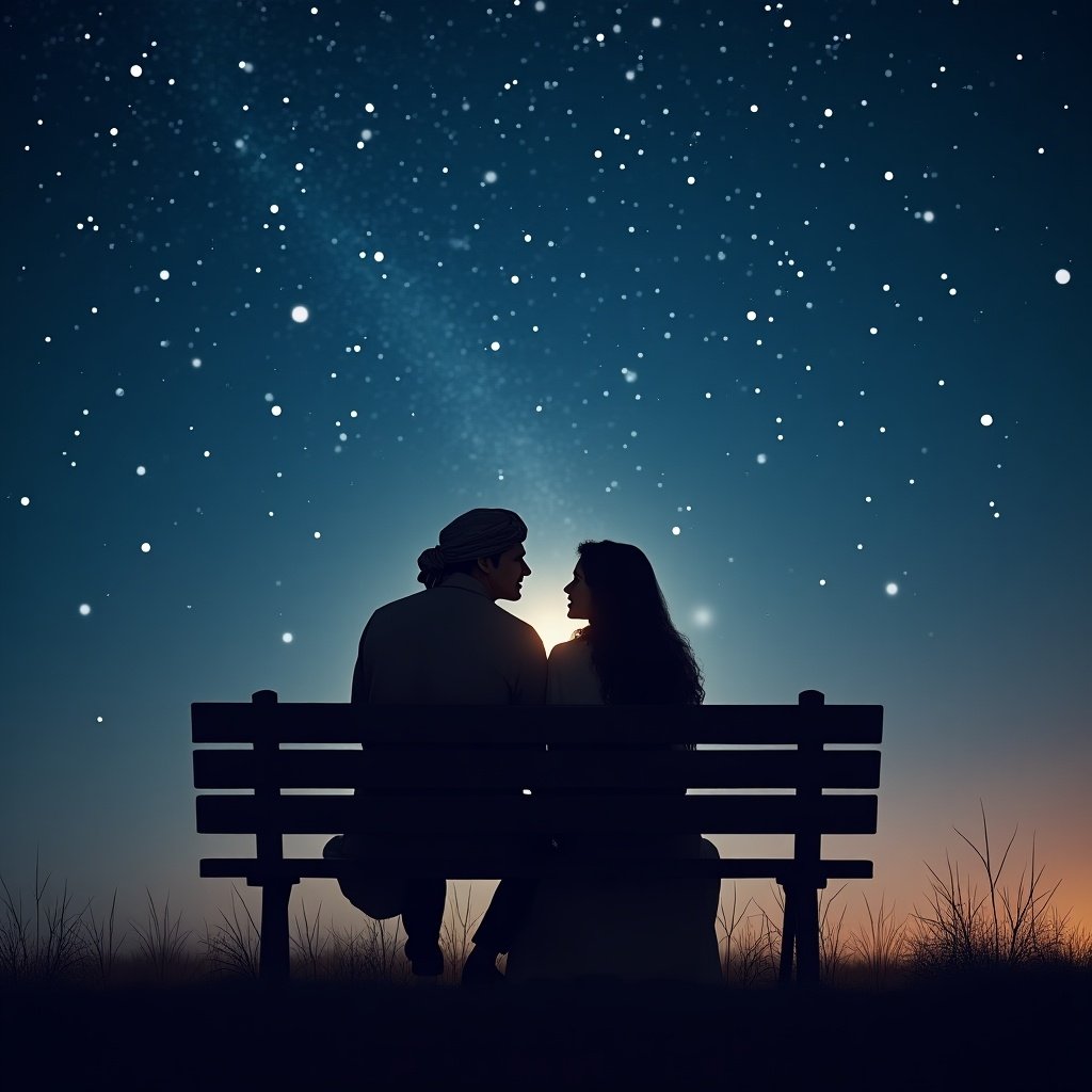 A loving couple sits on a bench. They gaze at a starry night sky. The scene captures romance and serenity.