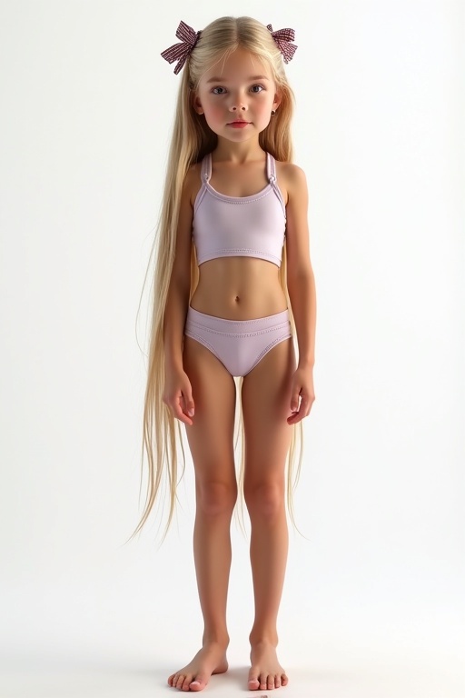 Girl wearing swimwear stands against a white background. Long straight blonde hair styled with clips bows. Lilac crop top and swim lycra shorts outfit. Tanned skin appears healthy. Natural expression in the portrait.