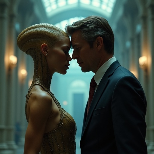 Sleek alien woman standing beneath a male politician. The alien touches the man on the head. The setting is an ornate hall.