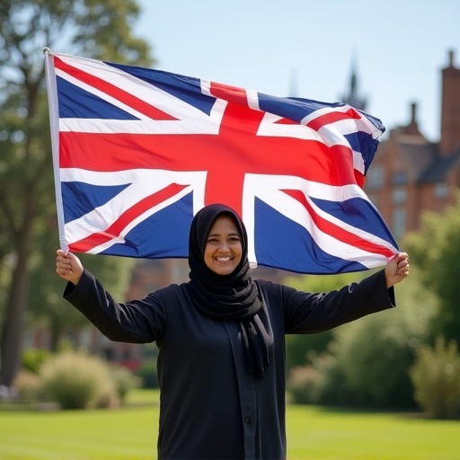 A proud English Muslim woman waving a British flag outside in a sunny setting