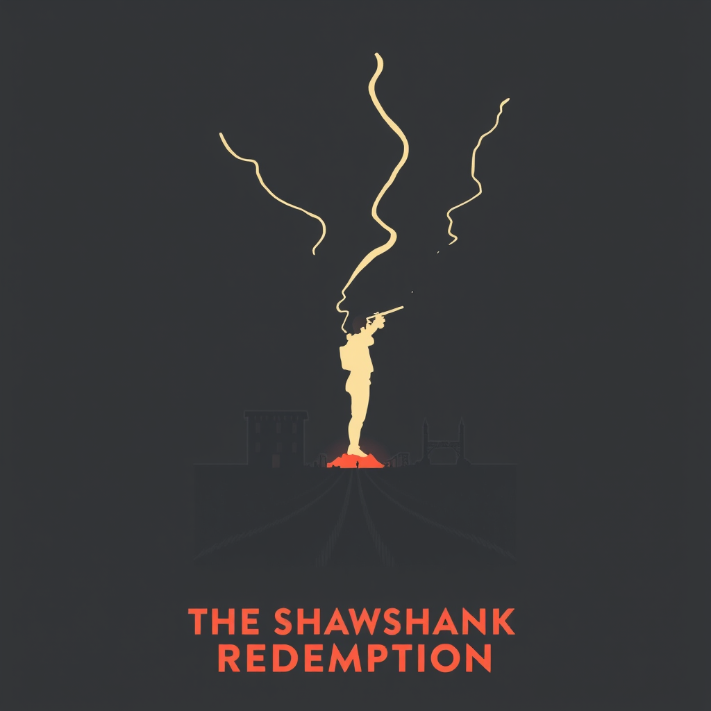 A silhouetted figure stands on a rooftop with swirling lines above, titled 'The Shawshank Redemption.'