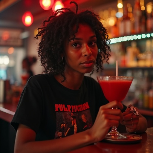 A shot of a college student wearing a Pulp Fiction shirt. The girl is holding a red cocktail drink. She has messy box braids. The bar setting shows a lively atmosphere. The girl appears uneasy while looking at someone.