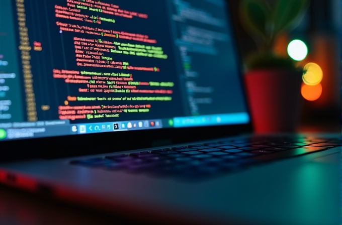 A laptop displaying colorful code with blurred bokeh lights in the background.