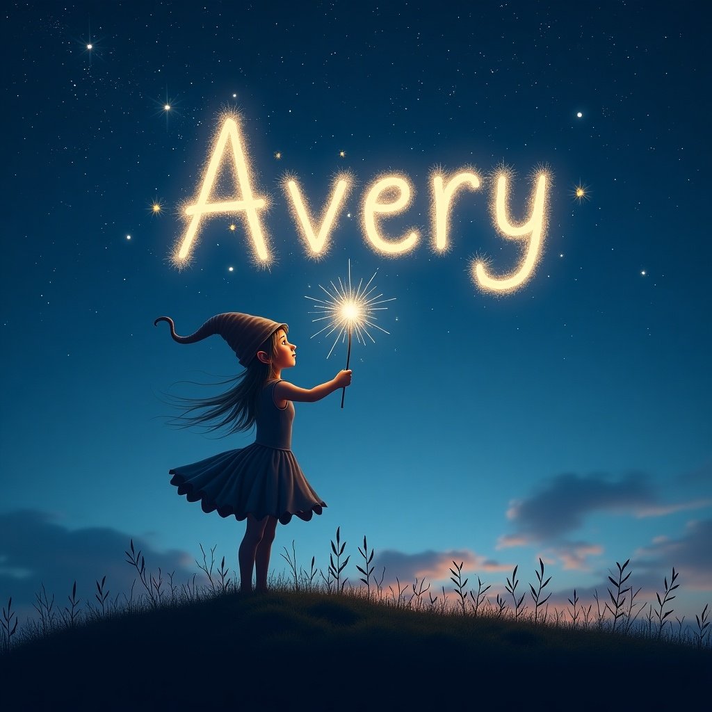 A whimsical scene featuring an elf-like figure standing on a hill under a starry sky. The elf is gracefully writing the name 'Avery' in glowing light above. Soft twilight hues illuminate the landscape as the elf holds a sparkling wand. This enchanting setting evokes a sense of wonder and creativity. The night sky provides a stunning backdrop to the whimsical scene, enhancing the magical atmosphere.