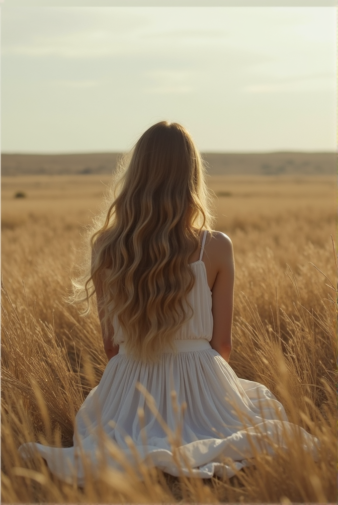 A woman with long, wavy blonde hair sits in a vast field of golden wheat, wearing a flowing white dress, under a sky filled with gentle light.