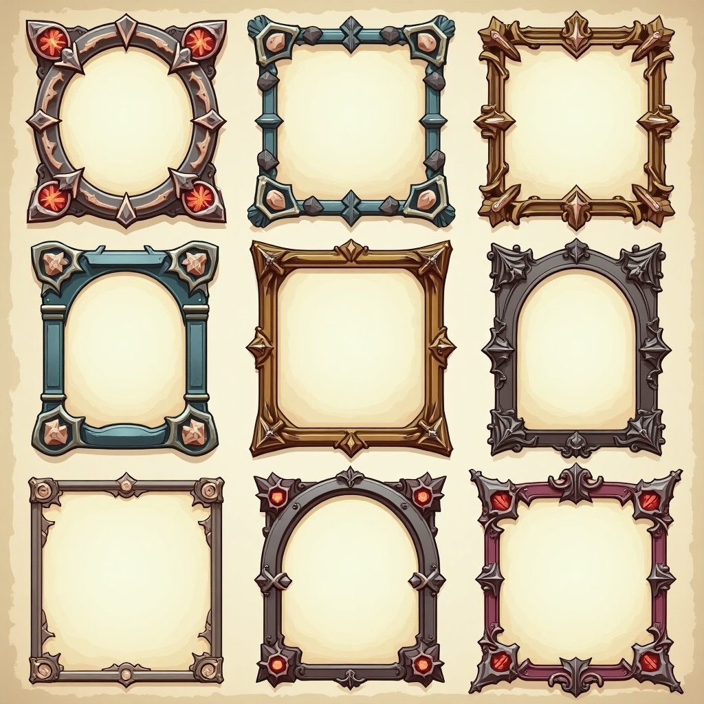 A collection of ornate card frames arranged in a grid. Nine distinct frames designed for artistic and decorative use. Various colors and styles to enhance visual appeal.