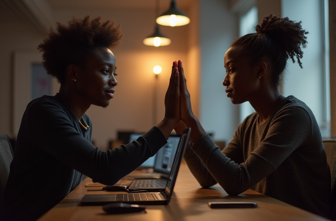 Two individuals sit facing each other, pressing their hands together over a table with laptops, illuminated by warm lighting.