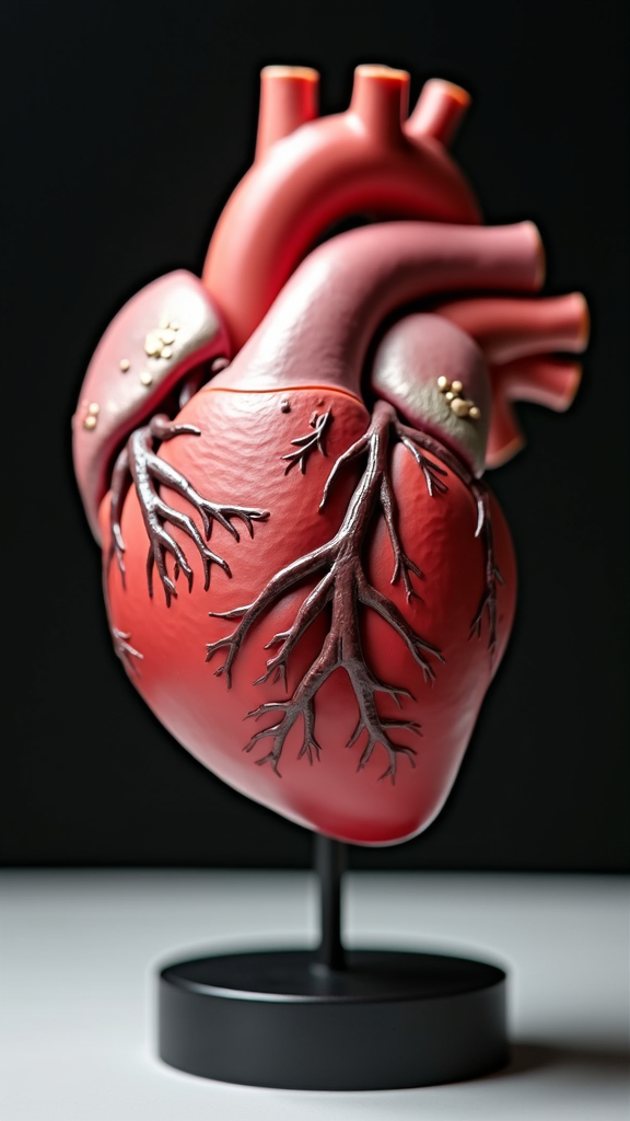 A detailed model of a human heart on a black stand against a dark background.