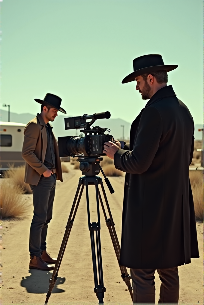 Two men in wide-brimmed hats are engaged in a film shoot in a dusty desert setting beside a camera mounted on a tripod.