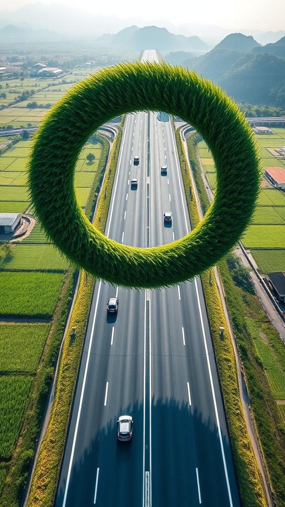 A vibrant green circle hovers above a highway surrounded by fields and mountains.