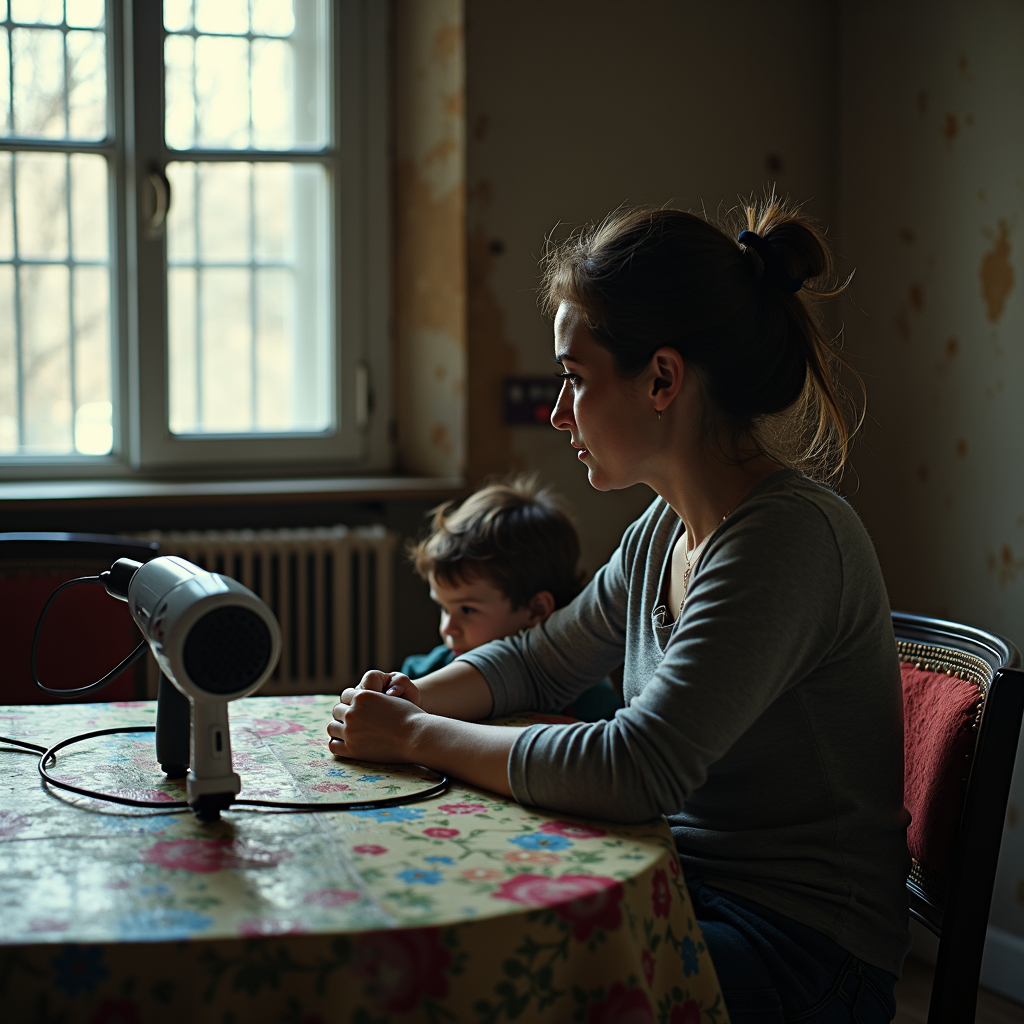 A woman and child sit at a floral-patterned table in a dimly lit room, with soft light streaming through a window, a hairdryer resting nearby.