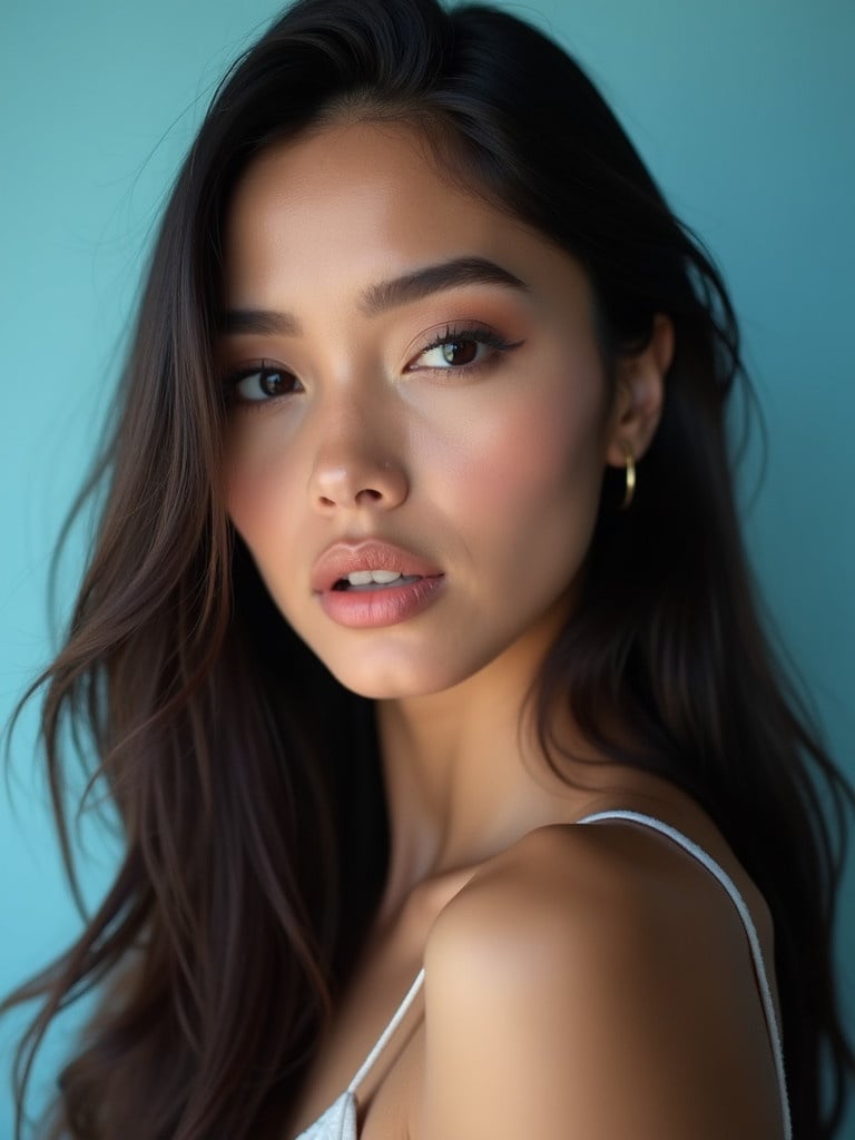 Portrait of a young woman with long dark hair and dark eyes. She looks slightly to the left of the camera. Neutral expression with glossy lips. Soft lighting enhances her skin. Light blue background contrasts with her features. Focus on her face with a blurred background for a polished look.