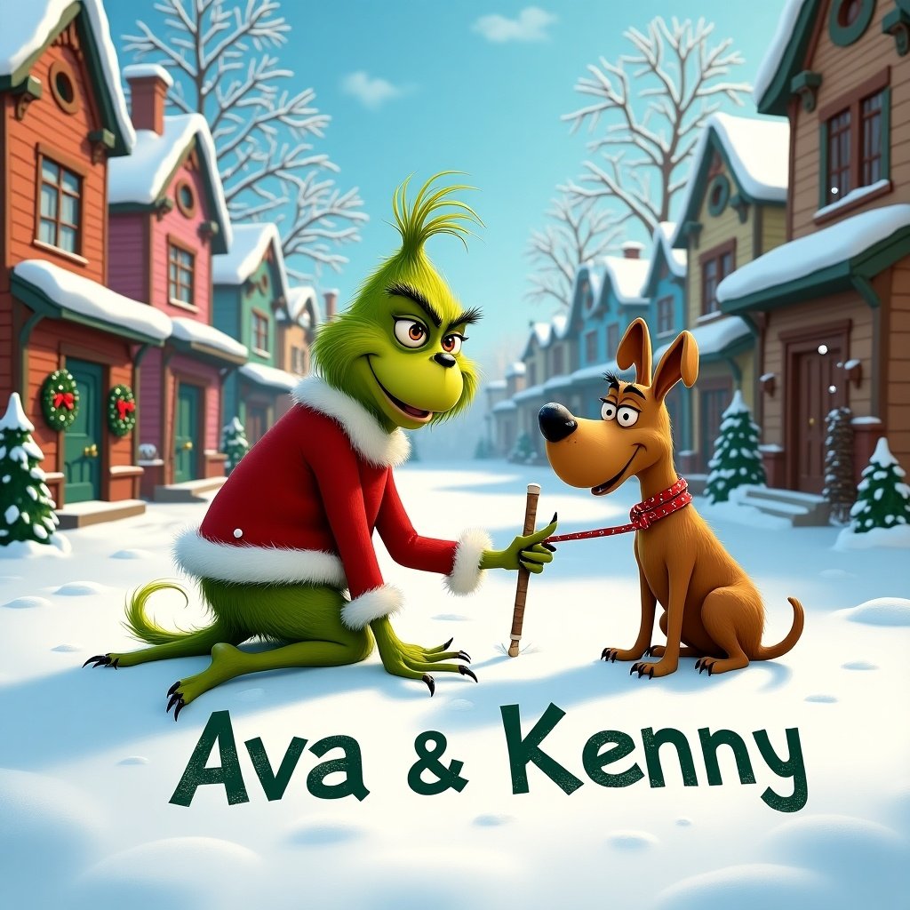 The Grinch writes Ava and Kenny in the snow with Max the dog. Scene is set in Whoville with picturesque houses in the background. Snow covers the ground, creating a festive Christmas atmosphere.