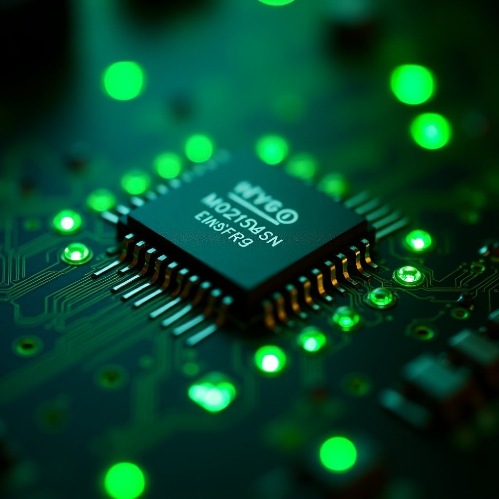 Microchip on a green electronic circuit board. Green lights are glowing around the microchip.