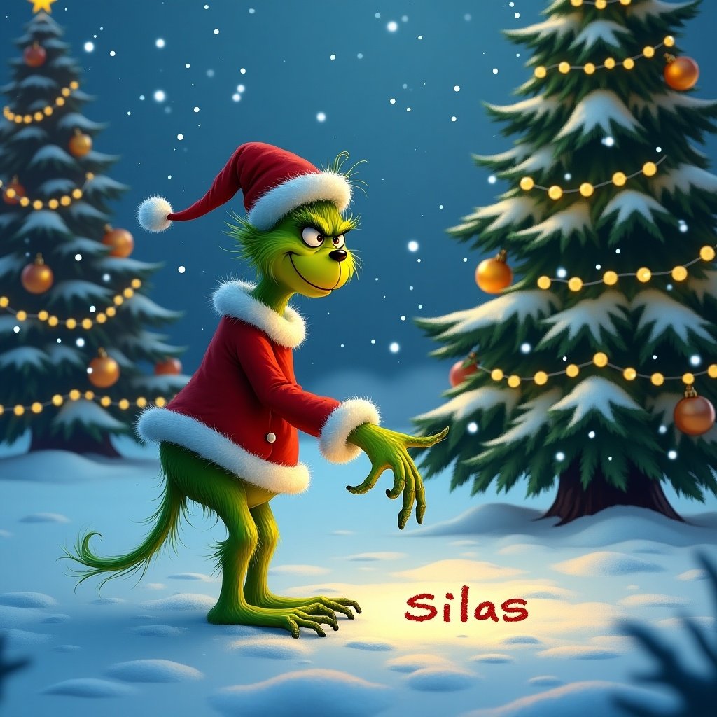 Grinch stands in front of decorated Christmas trees covered in snow. Grinch wears a Santa hat and coat. Grinch writes the name Silas in the snow. Snow falls gently around.