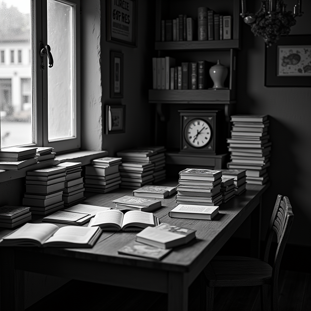 A dimly lit library room filled with stacks of books and an antique clock on the shelf.