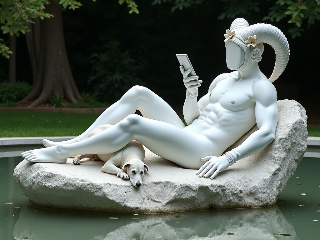 A contemporary sculpture of a humanoid figure with ram horns holding a smartphone, accompanied by a dog, sitting on a rock surrounded by a serene garden setting.