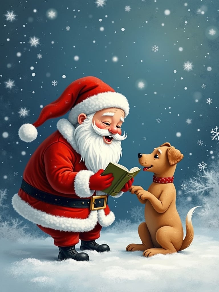 Santa reading a book to a dog in a snowy setting. Background with snowflakes and winter theme. Celebratory atmosphere.