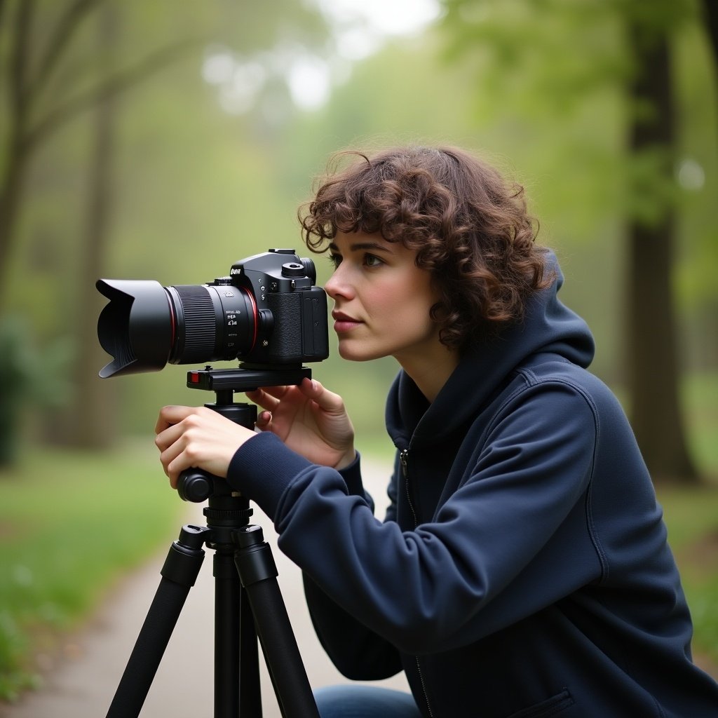 A person adjusts a camera on a tripod in a natural environment. The subject faces the camera while preparing to shoot.