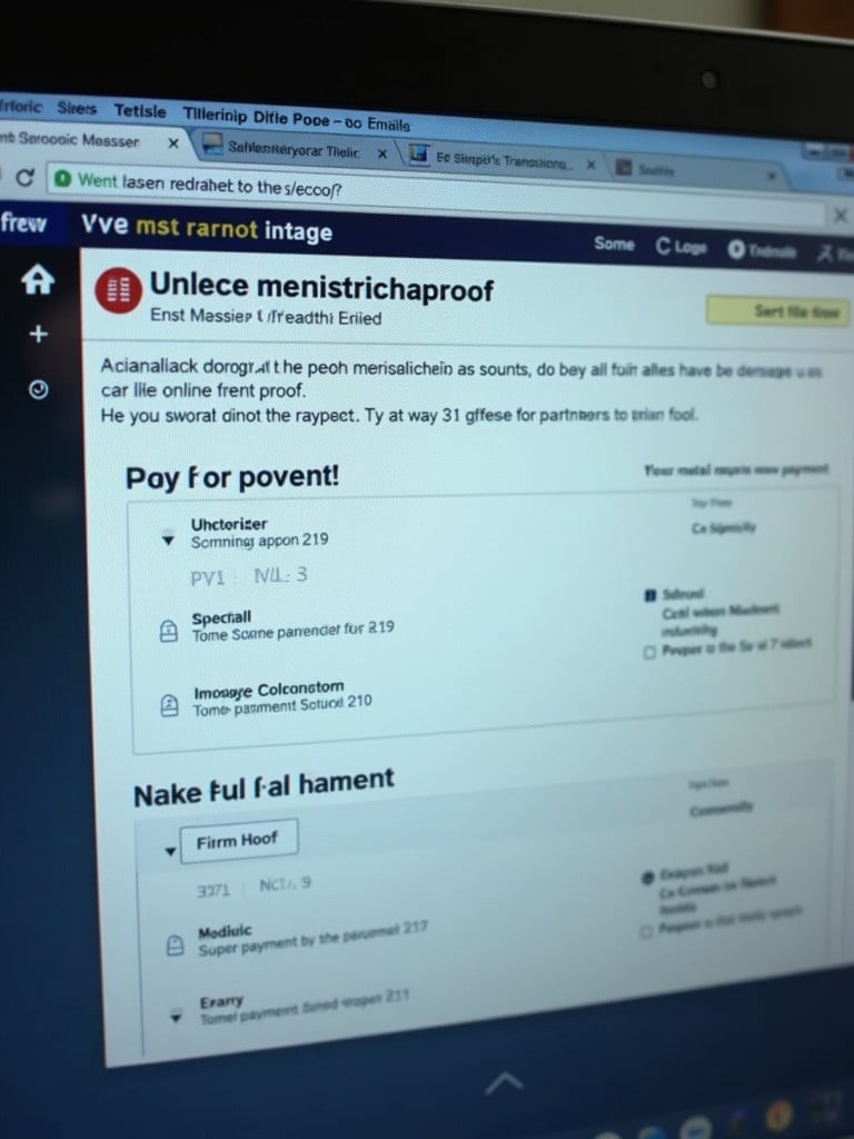 Display of a web browser window showing suspicious payment proof content. Screen appears messy and unclear. Alerts regarding mental scams in online payment transactions.