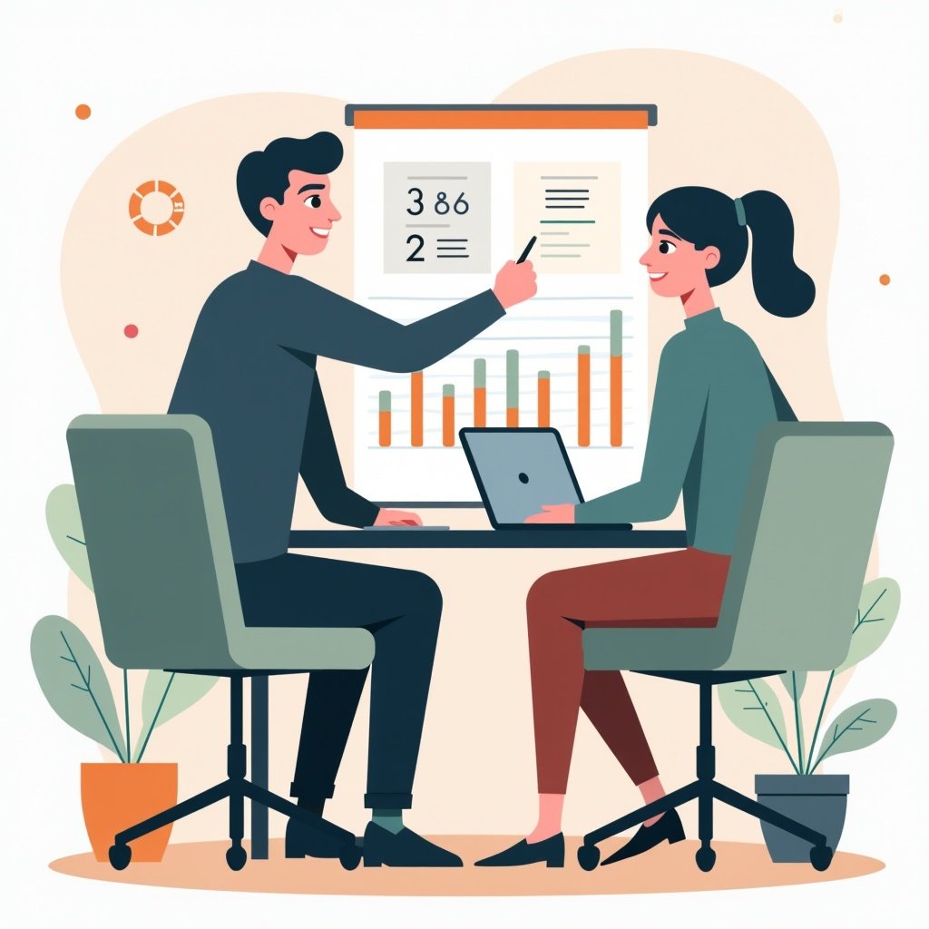 Coaching session in a modern office. Two professionals discussing concepts. One person is presenting data. Charts and graphs are visible. A laptop is on the table. Green plants add a touch of nature.