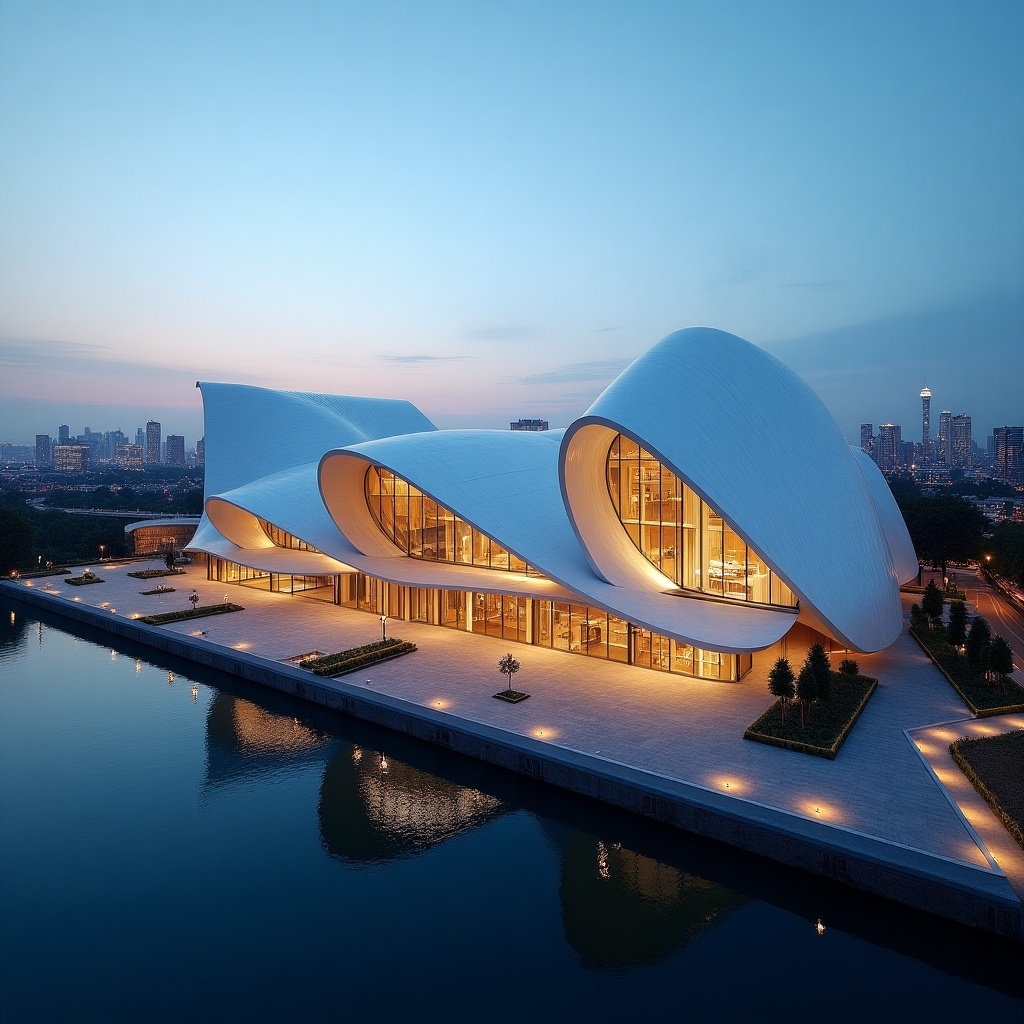 Modern futuristic architectural building with unique wave-like roof illuminated at dusk with cityscape background.