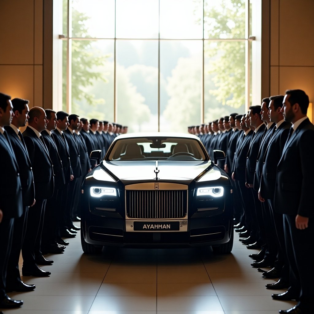 Executives and bodyguards form two lines bowing their heads. A Rolls-Royce car is centrally positioned, emphasizing luxury and power.