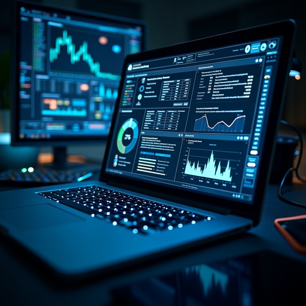 Image shows a futuristic interface with glowing data panels and graphs. Digital screen displays a generated report featuring text, images, charts, table. Atmosphere indicates advanced digital technology, related to data analysis or cybersecurity.