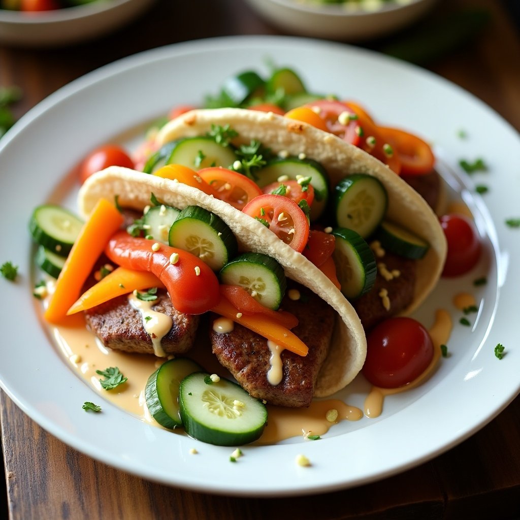 Three tacos filled with fresh vegetables placed on a white plate. Ingredients include slices of cucumber, cherry tomatoes, yellow and orange bell peppers. Tacos topped with a drizzle of sauce and garnished with parsley. Bright and colorful meal presentation.