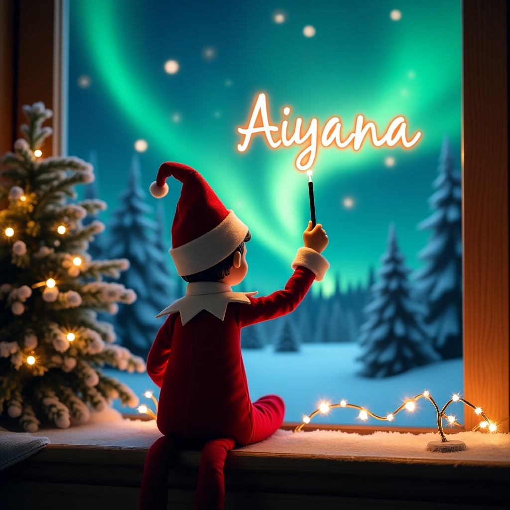 An enchanting Christmas scene featuring an elf on the shelf, who is facing the sky with his back to the viewer. The elf, dressed in red and white, wields a magic wand, writing 'Aiyana’ in a glowing script above him. The backdrop is adorned with vibrant northern lights, adding a magical ambiance. The scene is festive, portraying the spirit of Christmas with a whimsical twist. The elf's position and action create a sense of wonder and excitement that captures the joy of the holiday season.