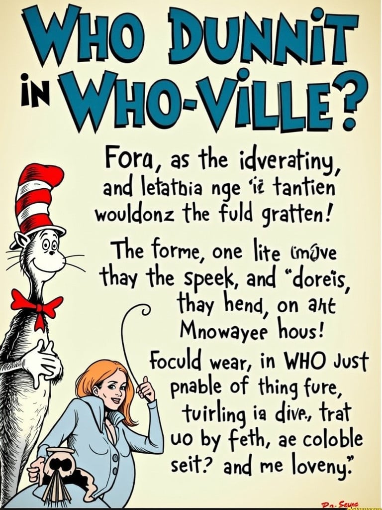 Illustration of Dr Seuss's Who-Ville featuring whimsical characters. Text includes 'Who Dunnit in Who-Ville?' with a date. Bright colors and playful design.