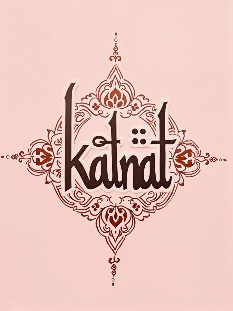 Name kainat written in Arabic calligraphy. Bold brown ink on pink paper with surrounding designs. Soft lighting enhances strokes.