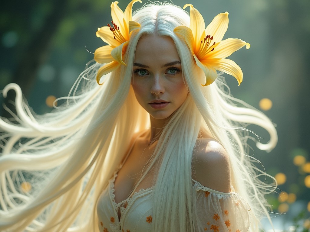 A mystical woman stands in a magical forest. She has long, flowing white hair adorned with golden lily flowers. Her delicate dress is patterned with floral designs. Soft, enchanting light surrounds her, creating an ethereal glow. The atmosphere evokes a sense of wonder and enchantment, drawing viewers into a fantasy world.