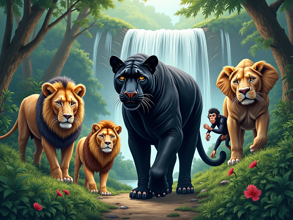 A digital illustration of jungle animals, including a black panther, two lions, and an ape, walking through a lush, green forest with a waterfall in the background.