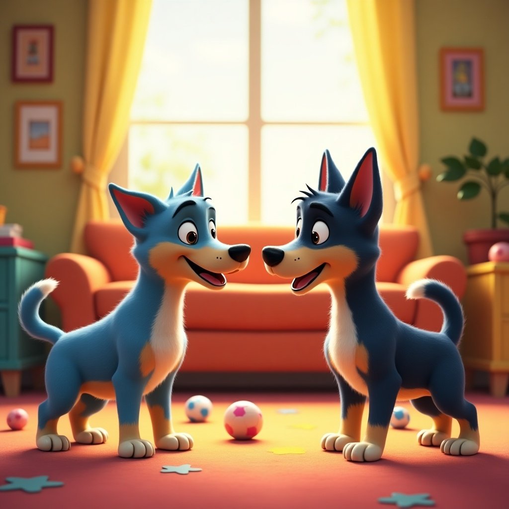 Two animated blue dogs are in a bright living room. They have cheerful expressions. The setting includes a sofa, window, and colorful toys on the floor.