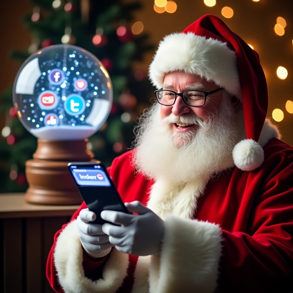 Image of Santa Claus in red and white suit holding a phone. Background shows a snow globe with social media icons. Warm and inviting atmosphere with festive charm.