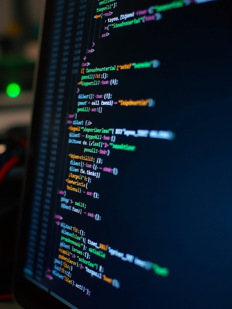 Close-up view of a computer screen displaying lines of code. The code includes comments variables and network settings. Colorful syntax highlighting includes sections in yellow blue and green. Background shows hardware components suggesting technical environment. Impressions of software development or programming scenario.